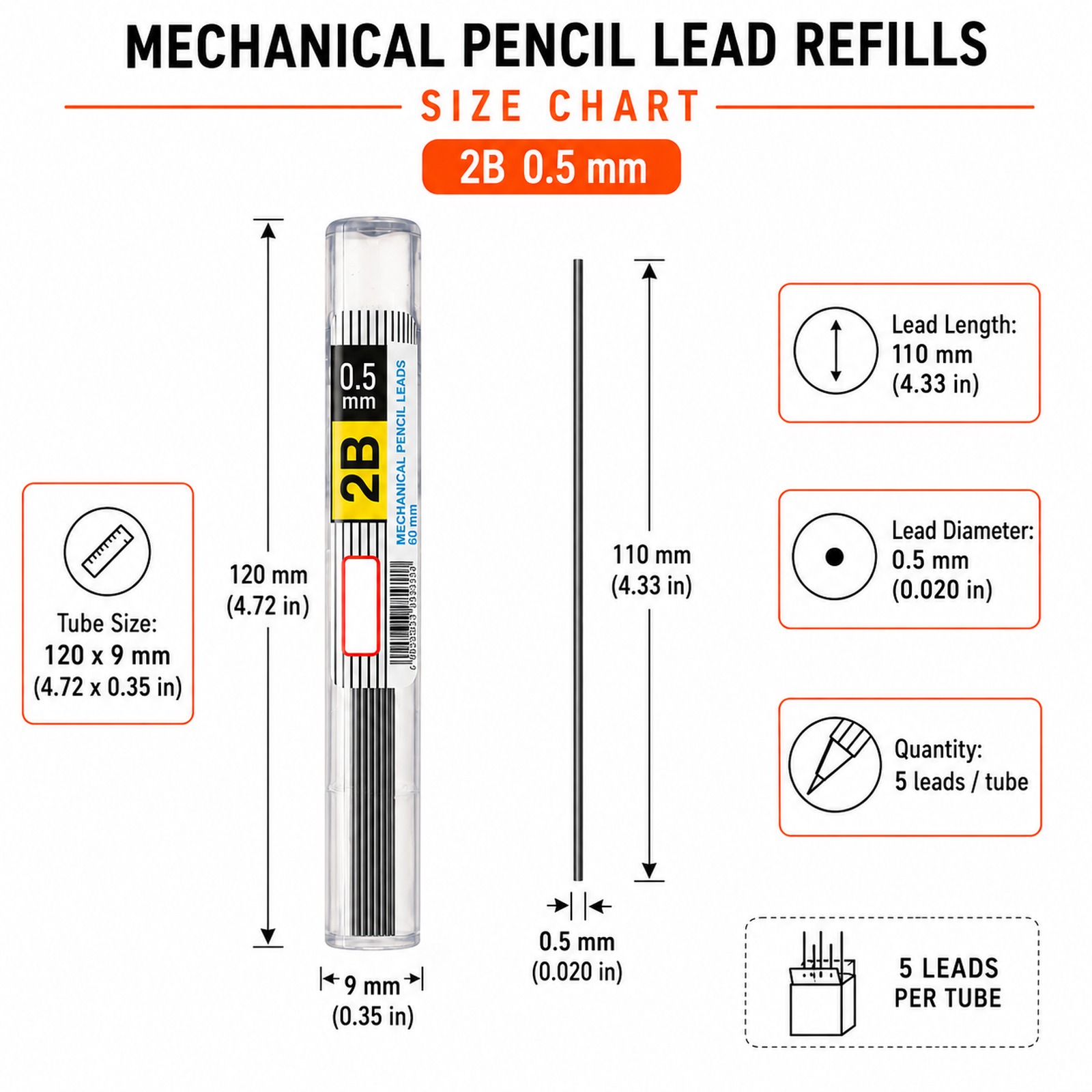 0.5mm 0.7mm HB 2B 2H Leads Refills 20pcs 5 Tubes Black with Box