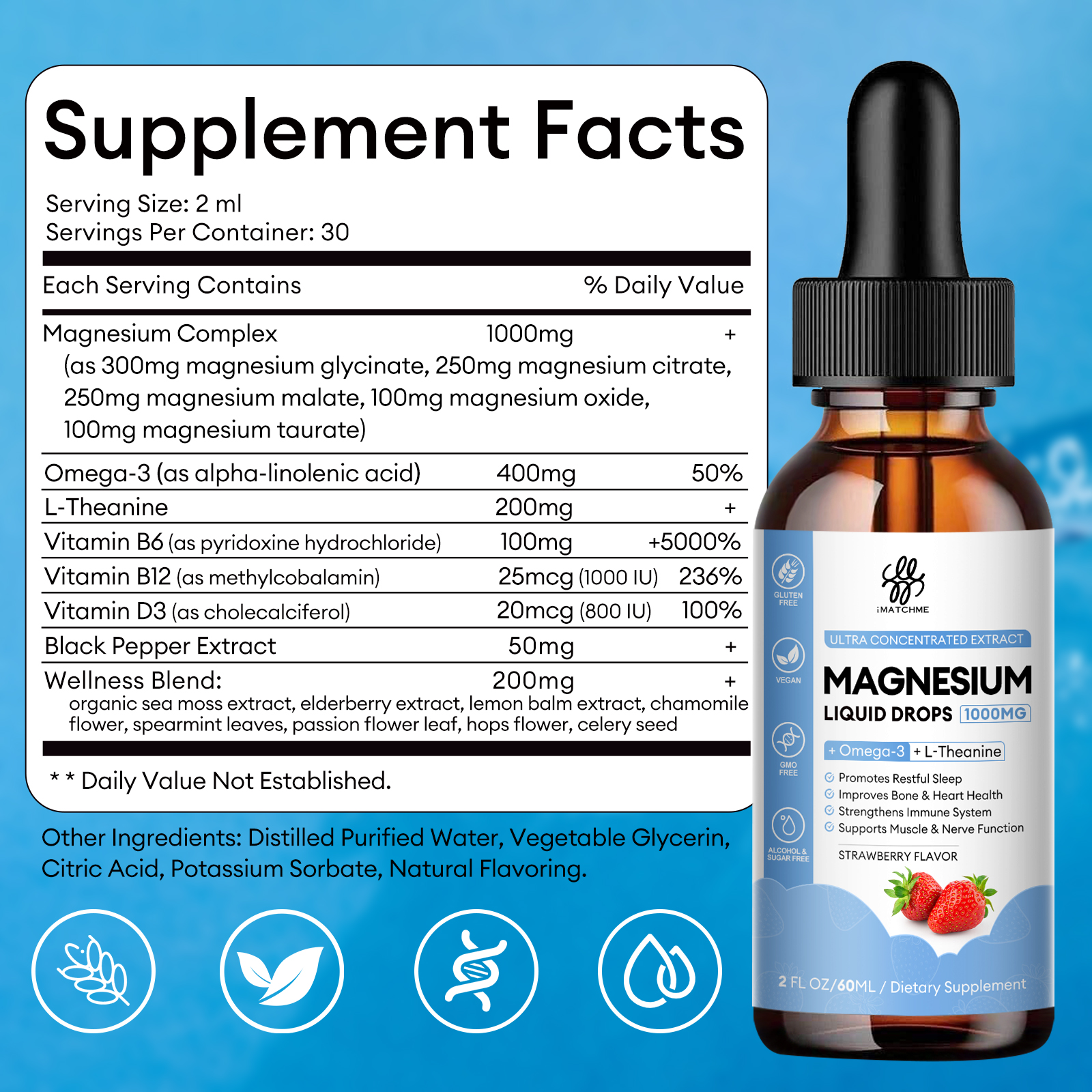 2Brands Strawberry Magnesium Liquid Drops ,Improve Bone,Immune, Mood, Sleep