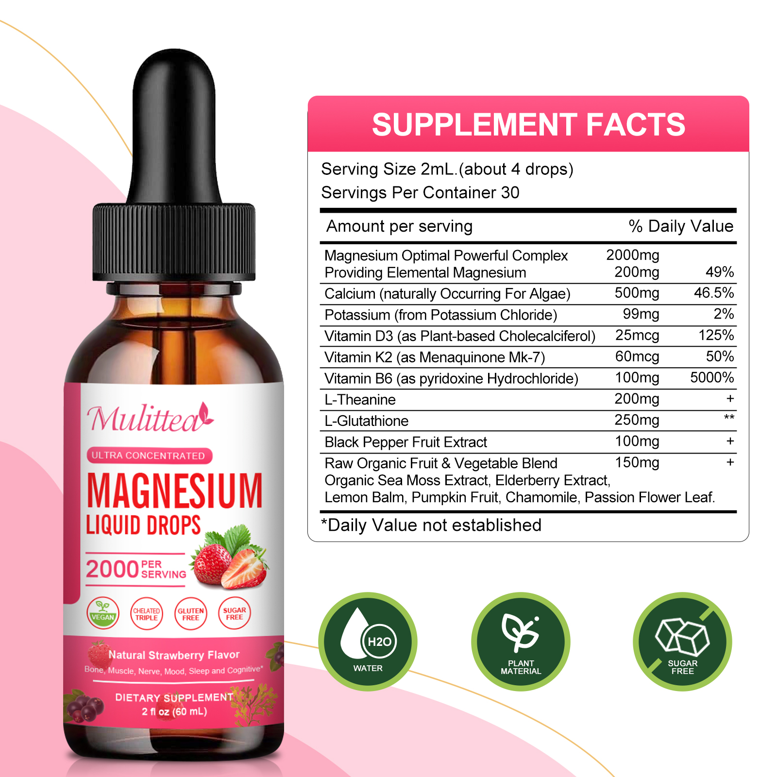 2Brands Strawberry Magnesium Liquid Drops ,Improve Bone,Immune, Mood, Sleep