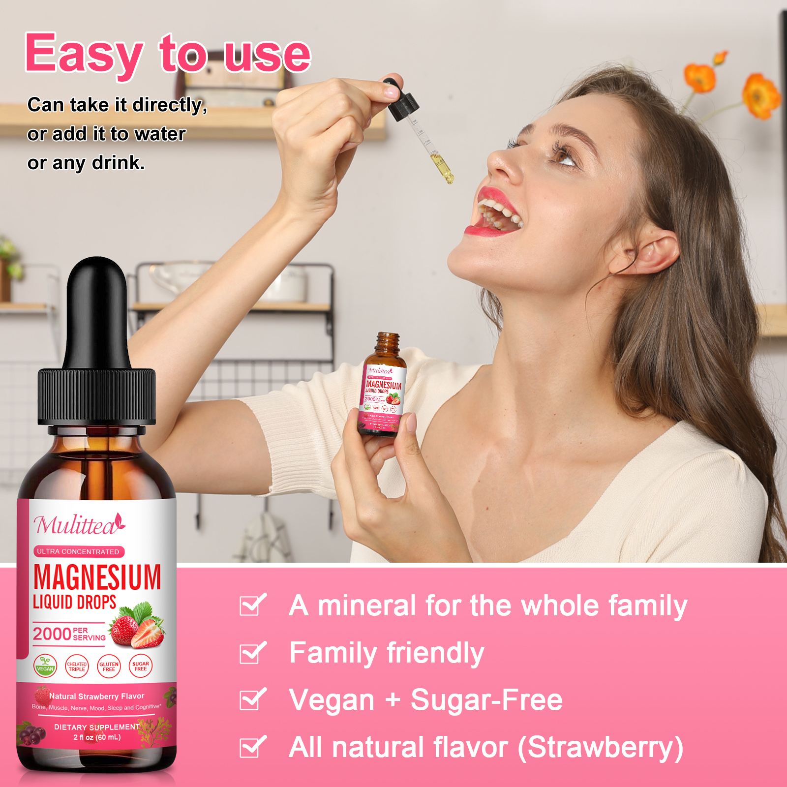 2Brands Strawberry Magnesium Liquid Drops ,Improve Bone,Immune, Mood, Sleep