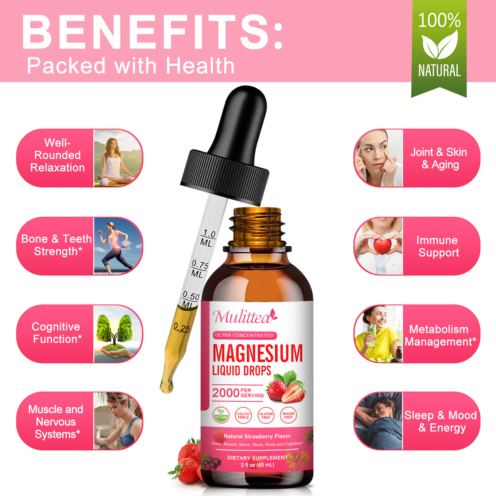 2Brands Strawberry Magnesium Liquid Drops ,Improve Bone,Immune, Mood, Sleep