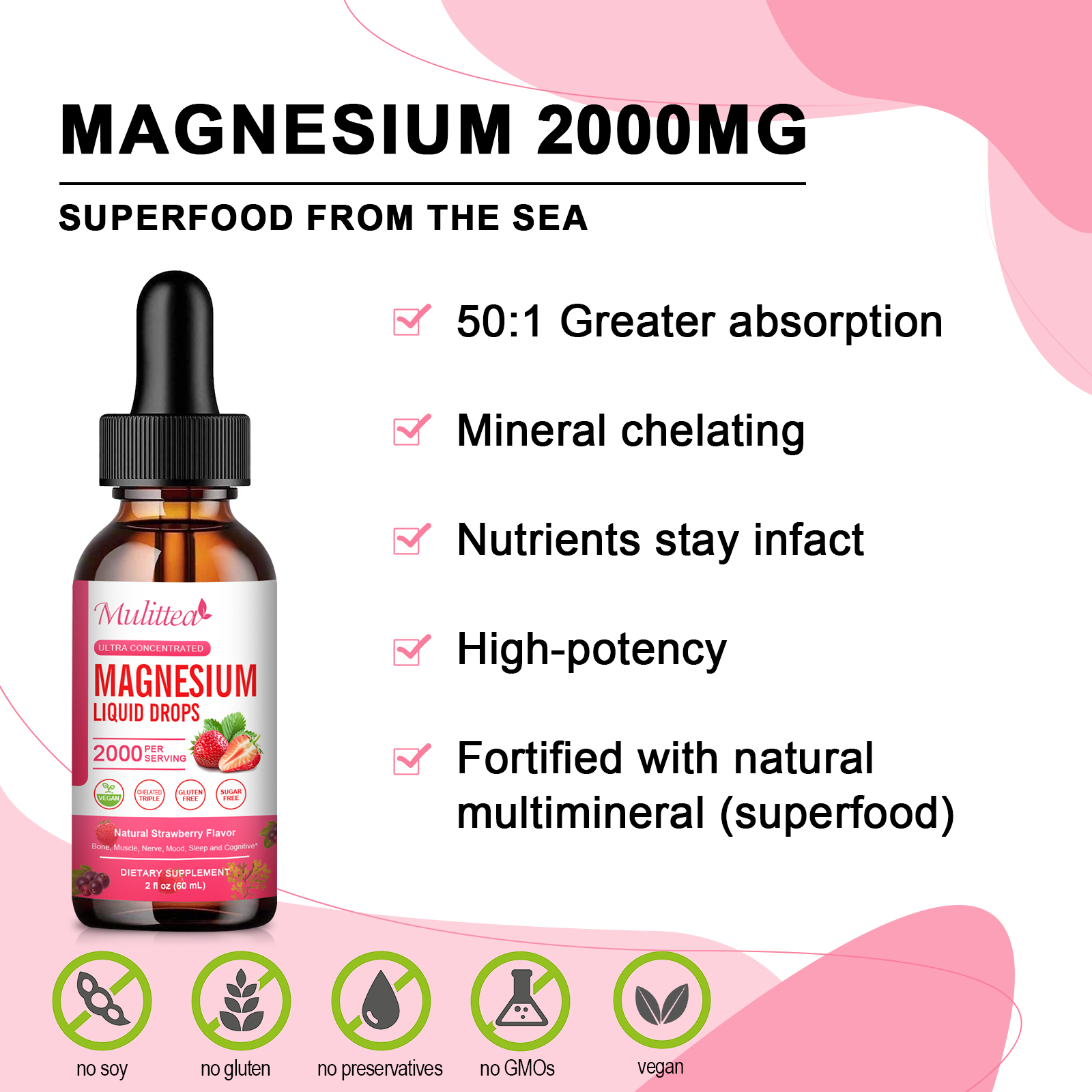 2Brands Strawberry Magnesium Liquid Drops ,Improve Bone,Immune, Mood, Sleep