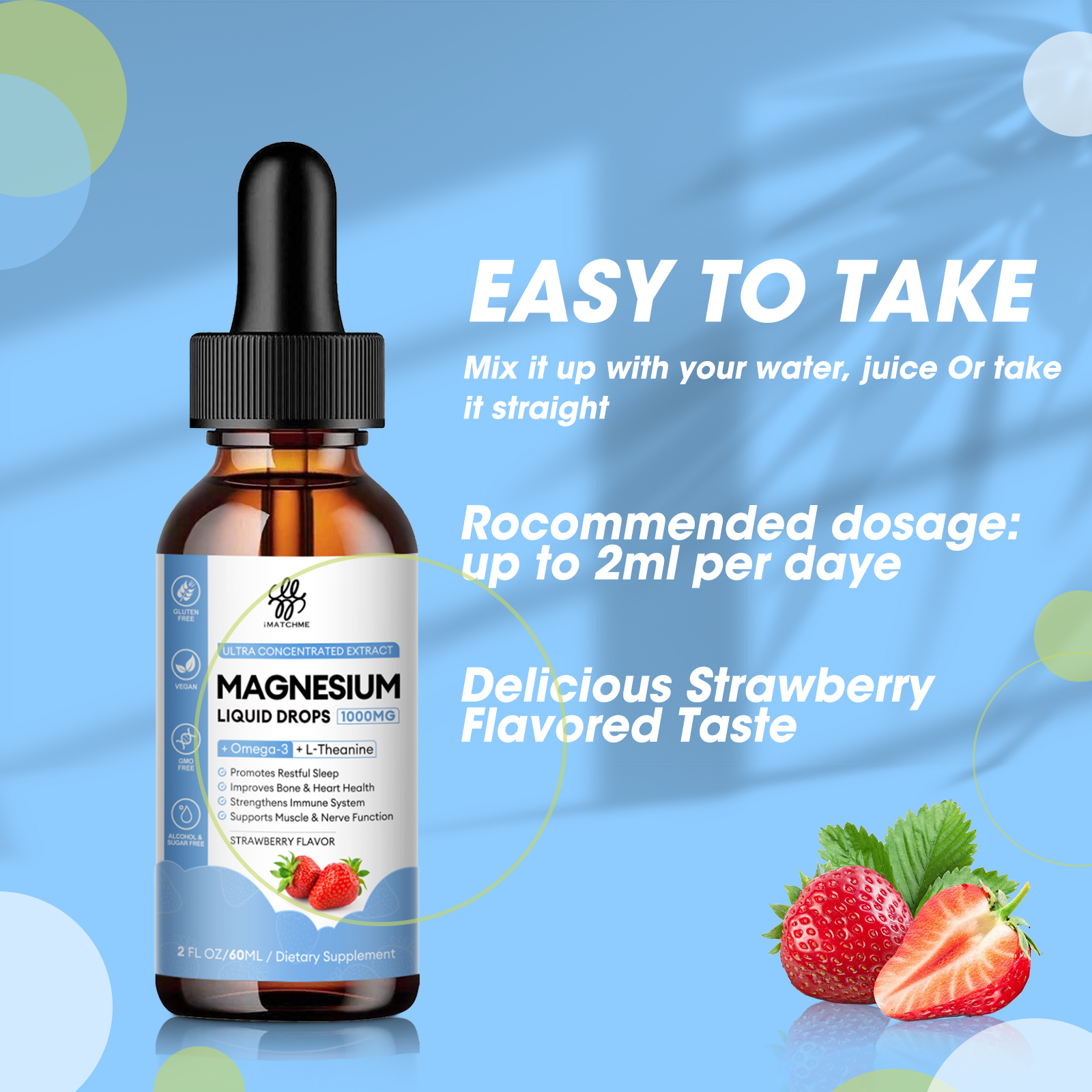 2Brands Strawberry Magnesium Liquid Drops ,Improve Bone,Immune, Mood, Sleep