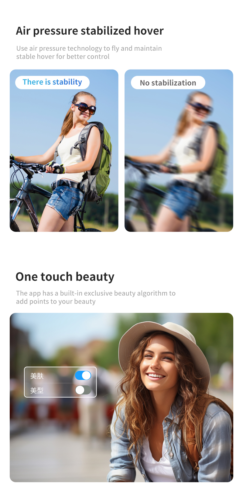 Image illustrating the three steps for intelligent aerial photography: 1. Start up the drone, 2. Turn on shooting mode via smartphone, 3. Engage intelligent aerial photography.