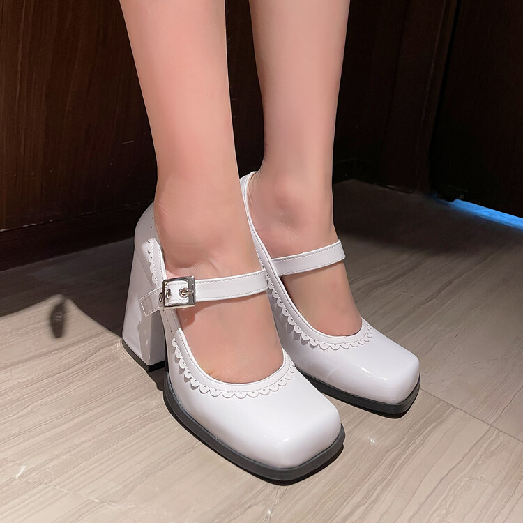 Womens Mary Jane Square Toe Dress Shoes Retro Lace Buckle Strap Block High Heels - Picture 16 of 16