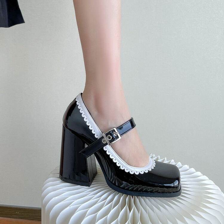 Womens Mary Jane Square Toe Dress Shoes Retro Lace Buckle Strap Block High Heels - Picture 13 of 16