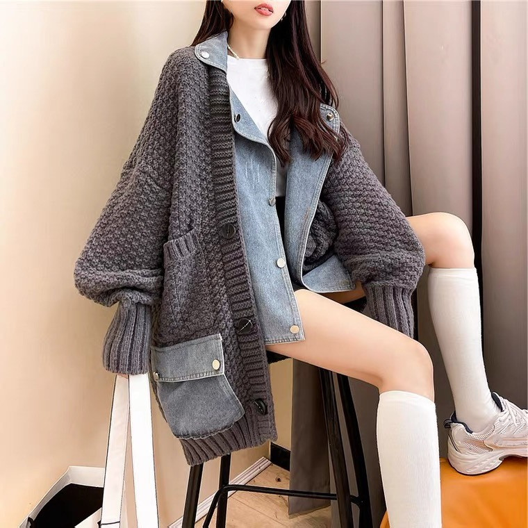 Womens Chic Denim Patchwork Fake Two Piece Knitted Jacket Cardigan Sweater  Coats