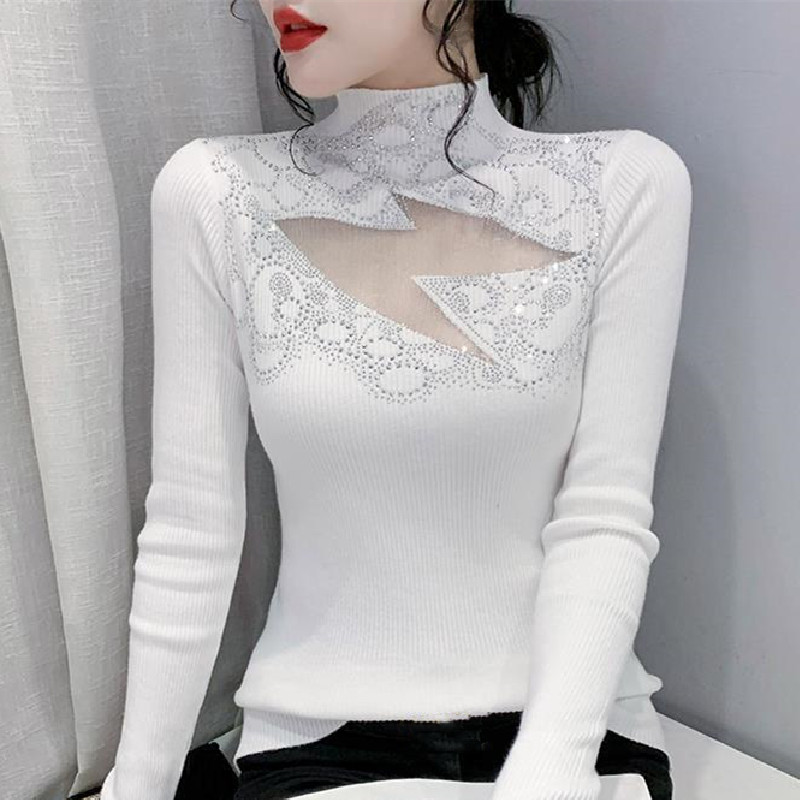 Women Glitter Rhinestones Hollow Out High Neck Long Sleeves Knitted Sweater  Tops
