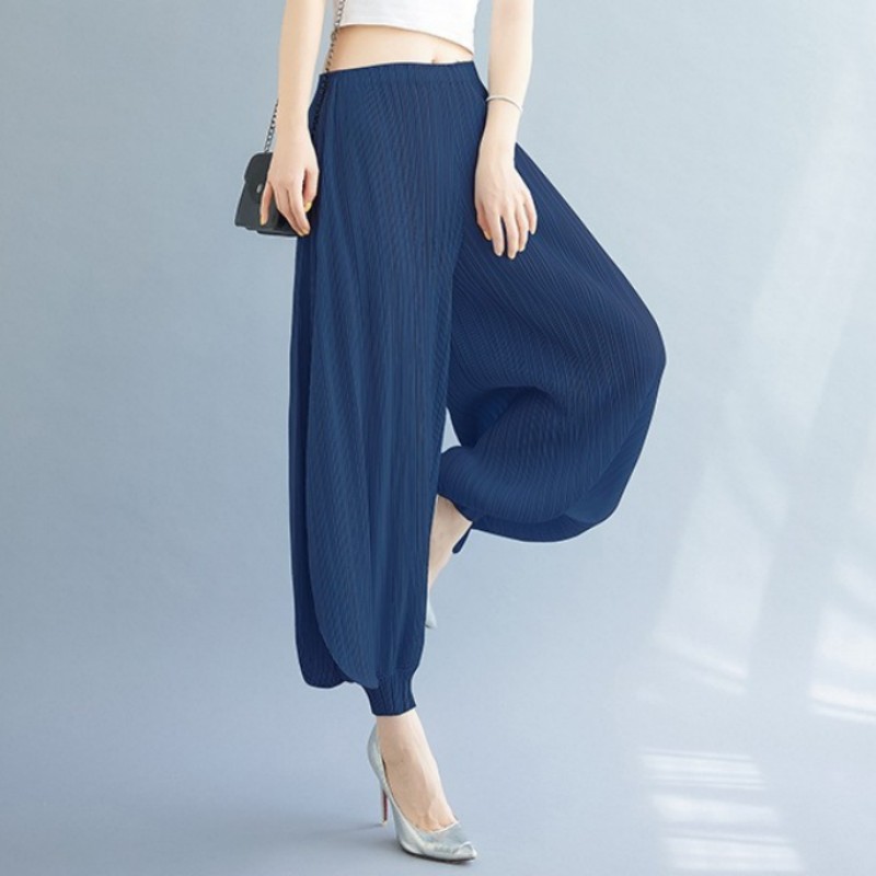 Womens Pleated Pants Summer Casual Elastic Waist Loose Wide Legs Thin  Trousers