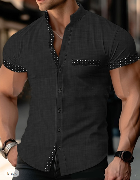 Camisa Para Hombre Manga Corta Cuello Soporte Camisa Informal Verano Mezcla Algodón Prendas para el torso Camisetas - Imagen 10 de 14