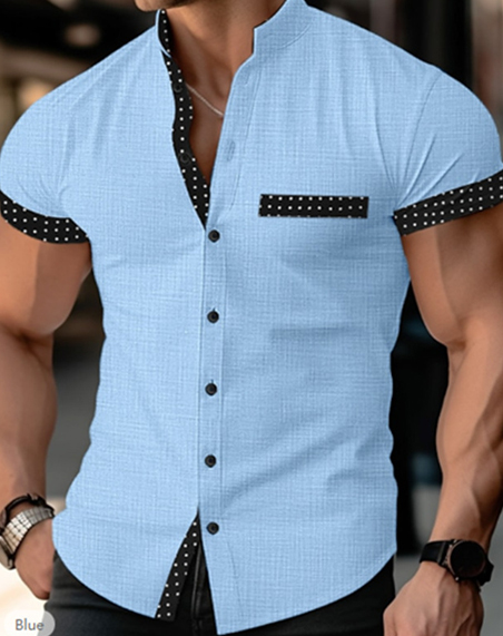 Camisa Para Hombre Manga Corta Cuello Soporte Camisa Informal Verano Mezcla Algodón Prendas para el torso Camisetas - Imagen 14 de 14