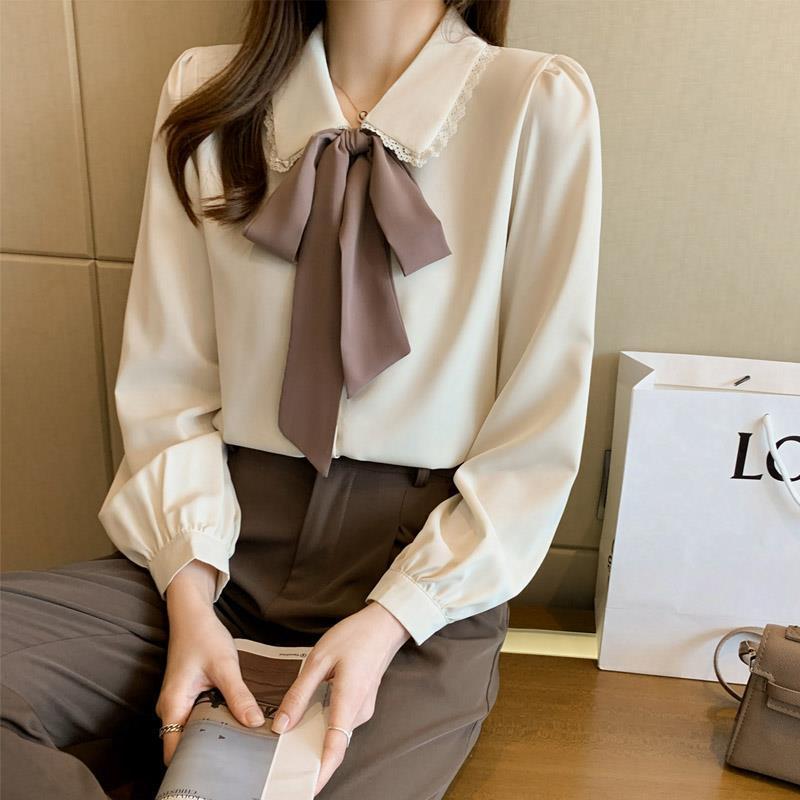 Elegant Korean Women Bow Tie Chiffon Retro Casual Workwear Blouse Tops T-Shirt - Picture 10 of 10