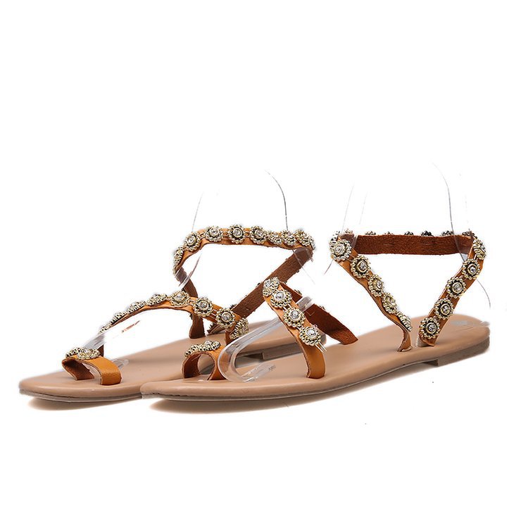 Women's Summer Sandals Flat Heel Fashion Beaded Sandals Flip Flops Beach Shoes - Picture 12 of 13