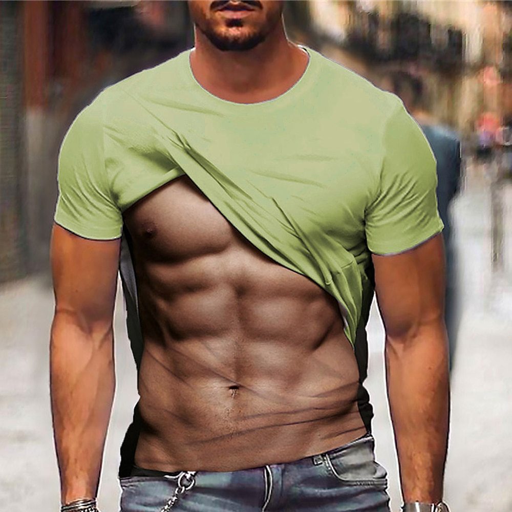 Mens Casual O Neck Short Sleeve Tee Summer Cool 3D Printed Funny Muscular Tshirt