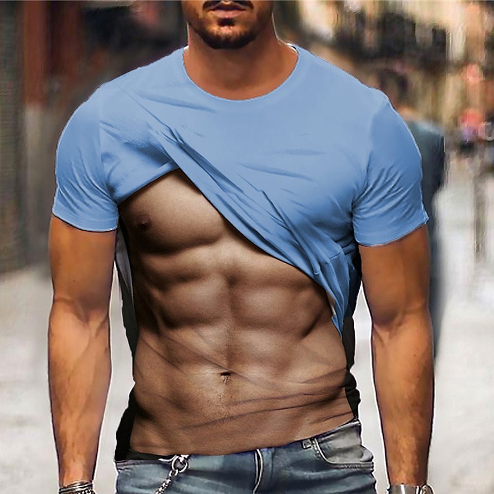 Mens Casual O Neck Short Sleeve Tee Summer Cool 3D Printed Funny Muscular Tshirt