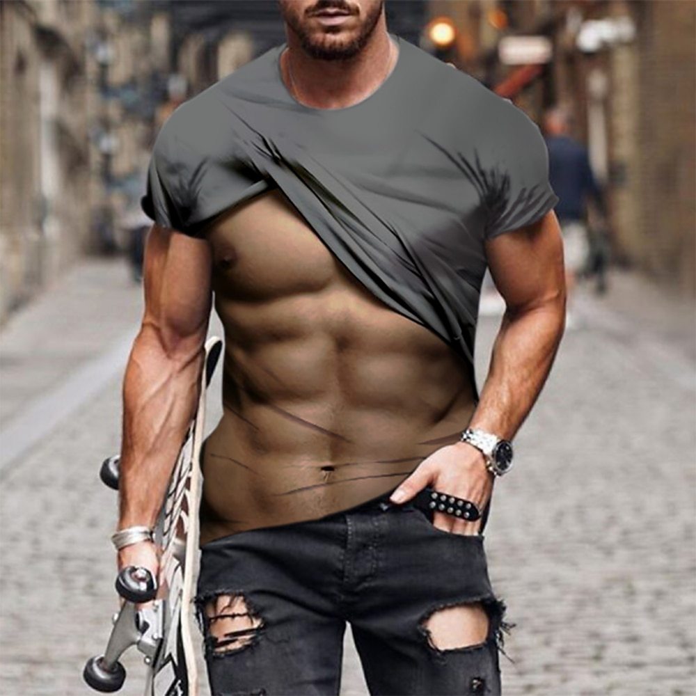 Mens Casual O Neck Short Sleeve Tee Summer Cool 3D Printed Funny Muscular Tshirt