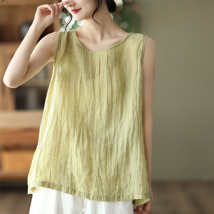 Womens Cotton Linen Summer Tank Vest Shirt Sleeveless O Neck Tops Cami Blouse - Picture 10 of 10