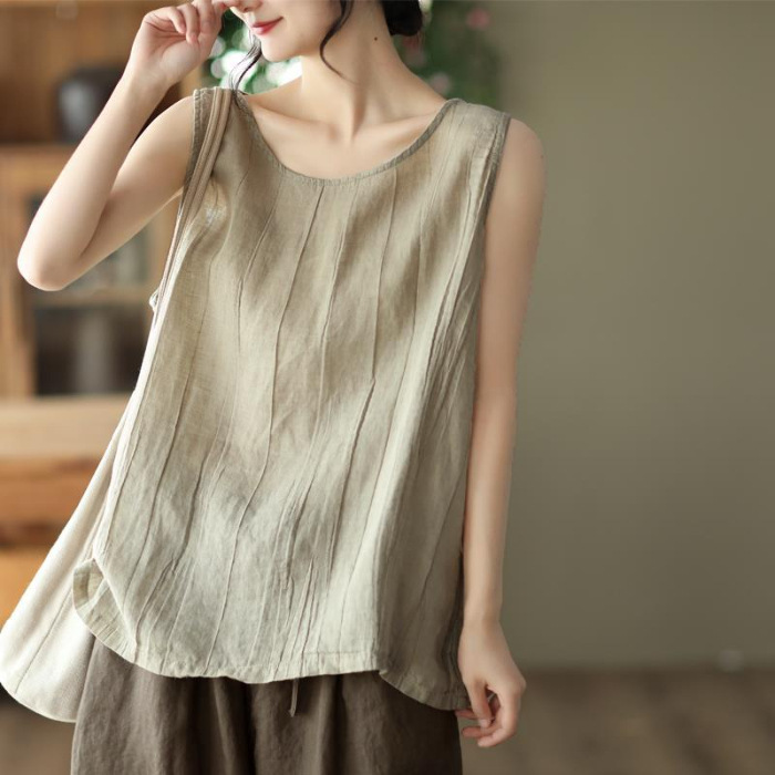 Womens Cotton Linen Summer Tank Vest Shirt Sleeveless O Neck Tops Cami Blouse - Picture 9 of 10