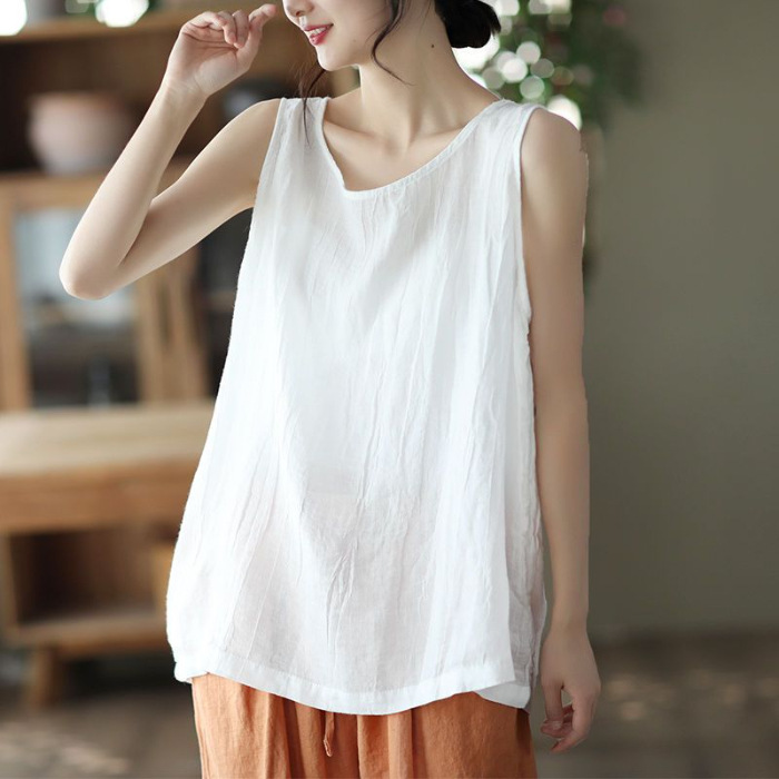 Womens Cotton Linen Summer Tank Vest Shirt Sleeveless O Neck Tops Cami Blouse - Picture 7 of 10