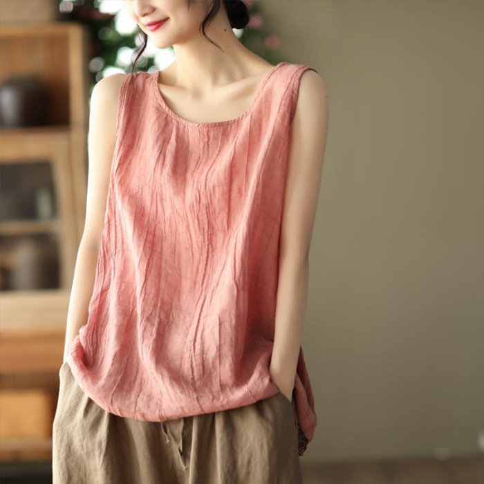Womens Cotton Linen Summer Tank Vest Shirt Sleeveless O Neck Tops Cami Blouse - Picture 8 of 10