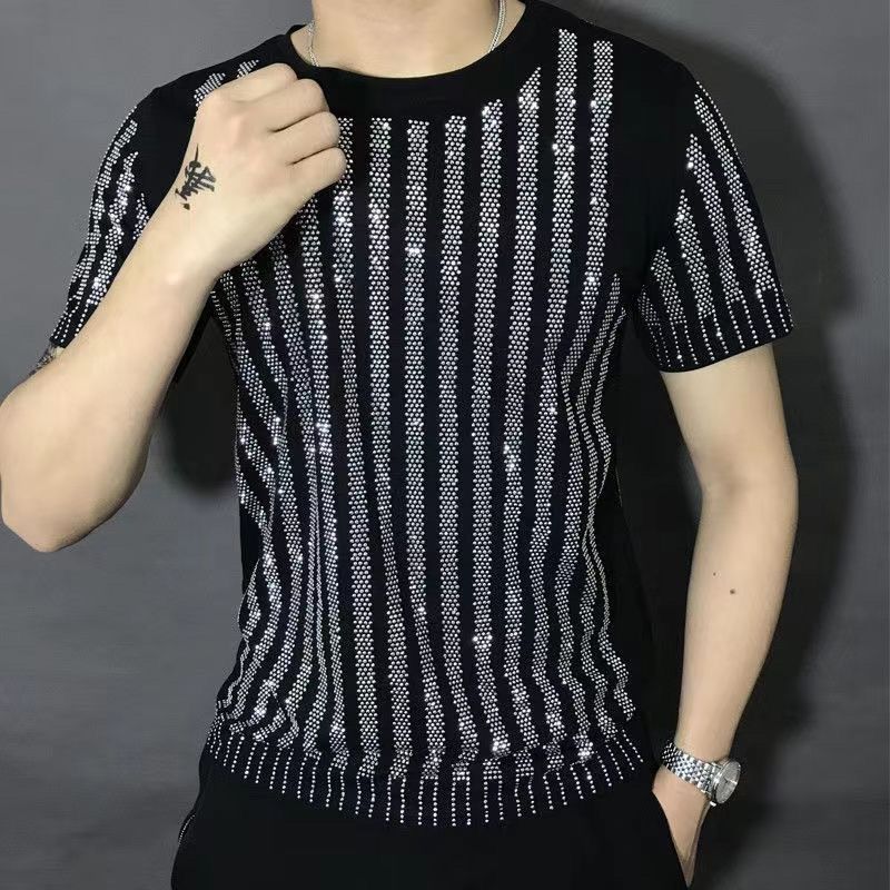 New Men Luxury Fashion Black Blingbling T-Shirt Short Sleeve Striped Sparkle Top