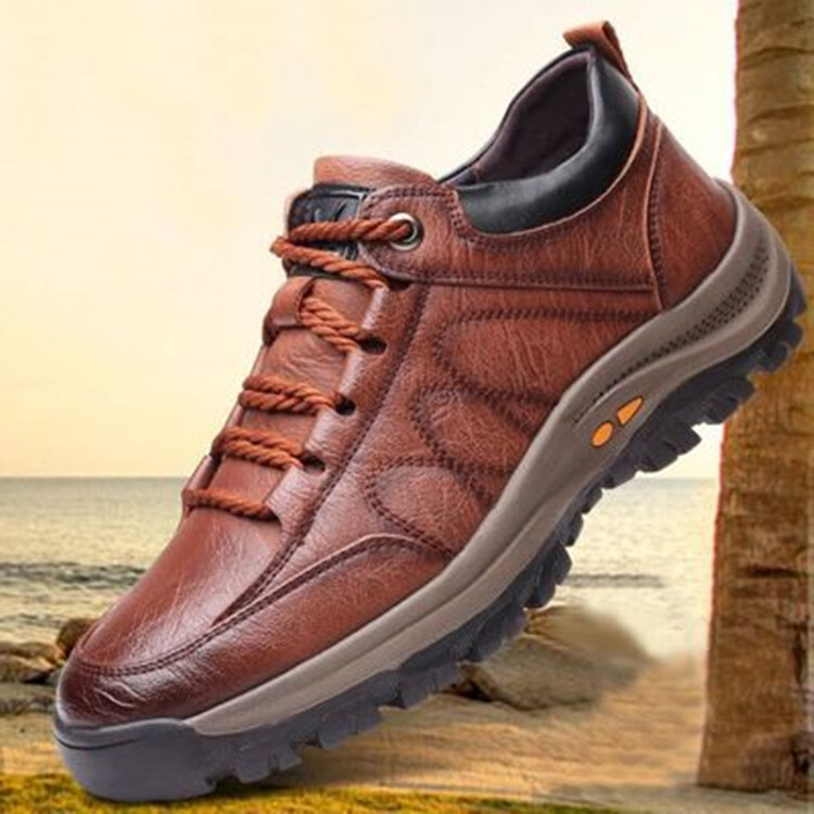 Mens Casual Hand Stitching Leather Arch Support Shoes Outdoor Hiking Lace Up