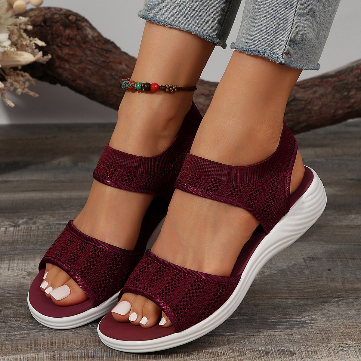 Sandalias Zapatos Con Cordones Mujer Elásticos Punta Abierta Cuña Verano Cómodas Sandalias