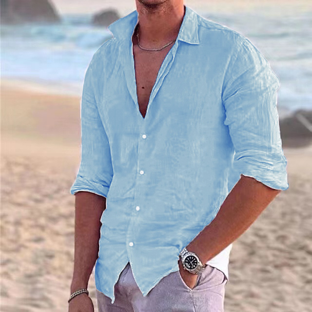 Men Casual Linen Shirt Long Sleeve Tops Plain Button Down Mens T Beach Solid - Picture 32 of 32