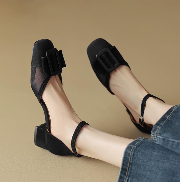 Sandali donna estivi fibbia tacco grosso eleganti punta quadrata decolte scarpe eleganti - Foto 14 di 16