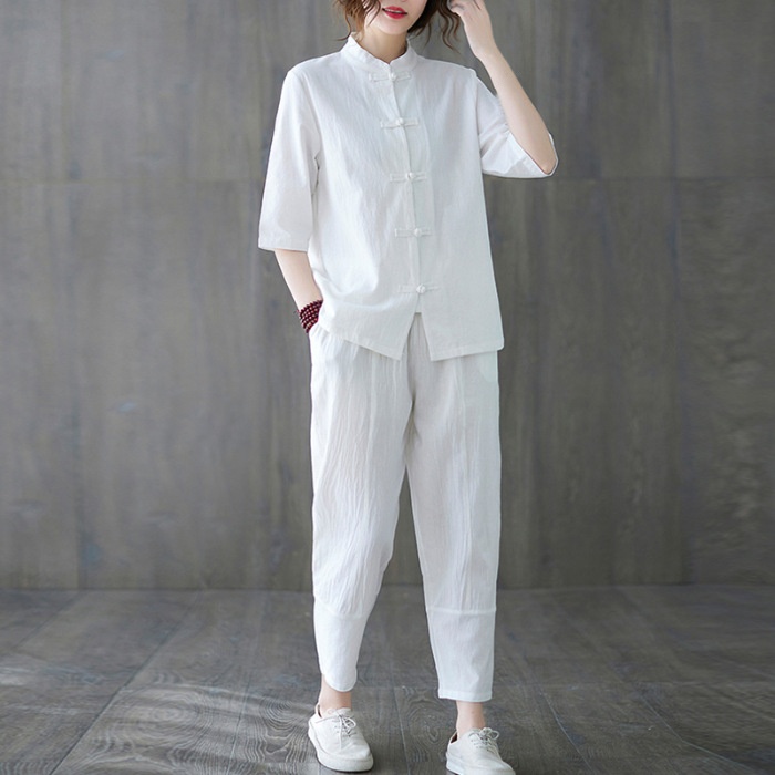 Women Blouse Pants Sets Chinese Style Hanfu Ethnic Frog Button Tai Chi Top Shirt - Picture 9 of 10