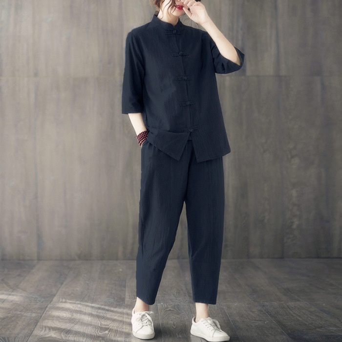 Women Blouse Pants Sets Chinese Style Hanfu Ethnic Frog Button Tai Chi Top Shirt - Picture 7 of 10
