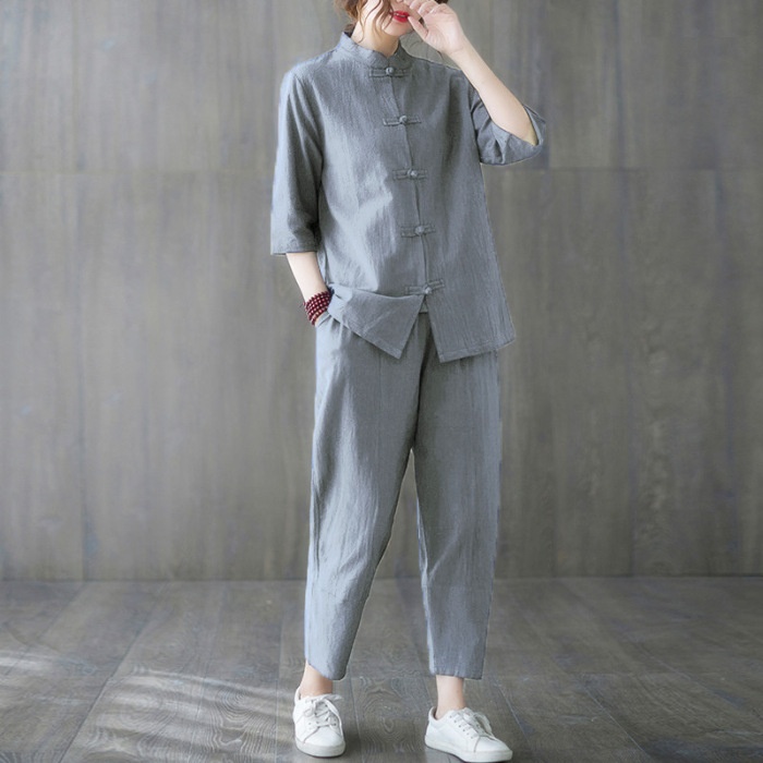 Women Blouse Pants Sets Chinese Style Hanfu Ethnic Frog Button Tai Chi Top Shirt - Picture 10 of 10
