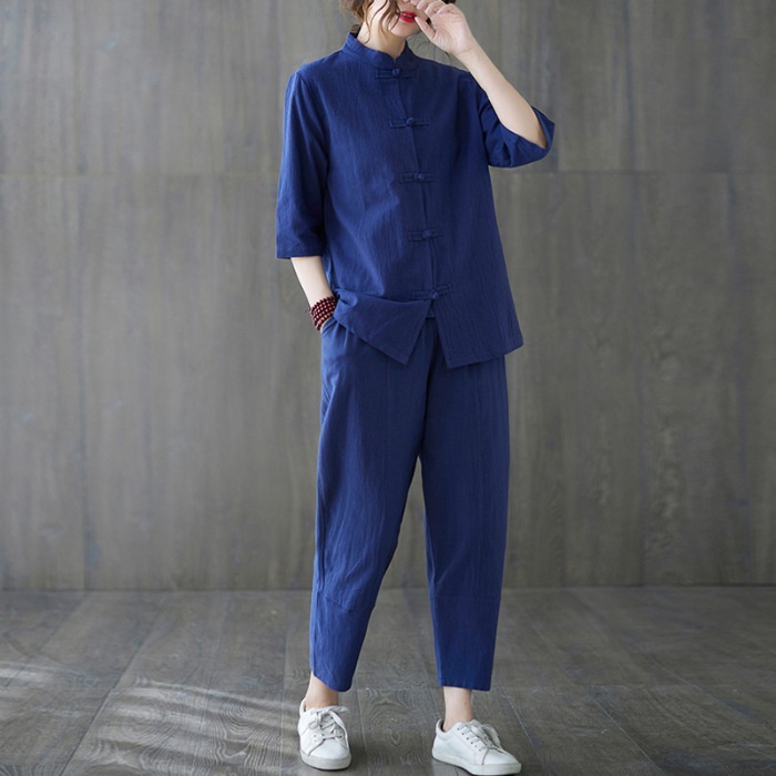 Women Blouse Pants Sets Chinese Style Hanfu Ethnic Frog Button Tai Chi Top Shirt - Picture 8 of 10