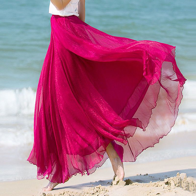 Maxi Falda Playa Chifón Envolvente Cubierta Playa Cintura Alta Plisado Vestido de Baile - Imagen 27 de 31