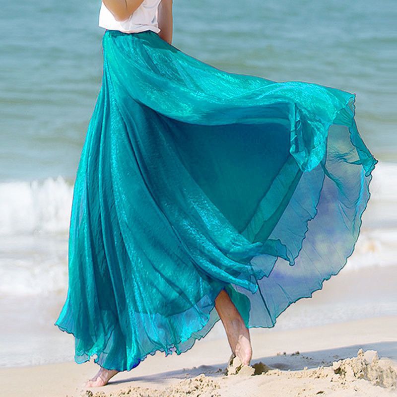 Maxi Falda Playa Chifón Envolvente Cubierta Playa Cintura Alta Plisado Vestido de Baile - Imagen 29 de 31
