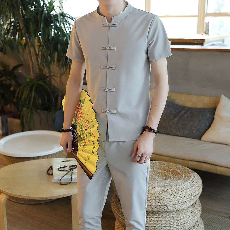 Men Tops Suit Faux Linen Short Sleeve Youth Chinese Style T-shirt Pant 2Pcs