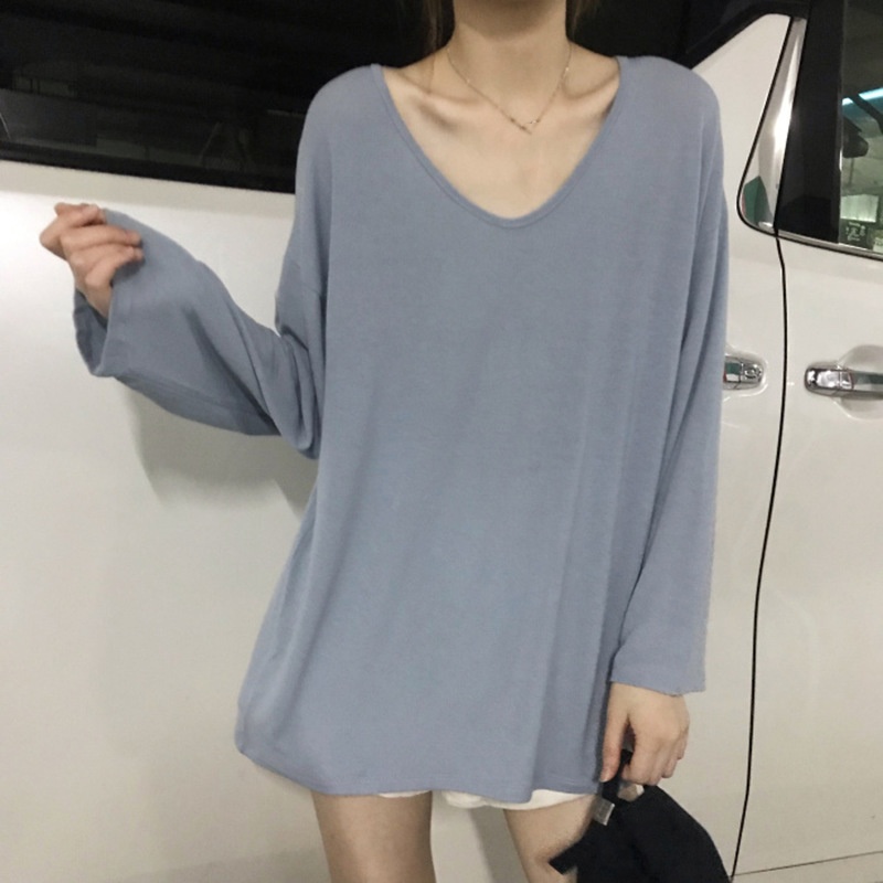 Womens Korean Fashion V Neck Long Sleeves Loose Casual T-Shirt Pullover Blouse