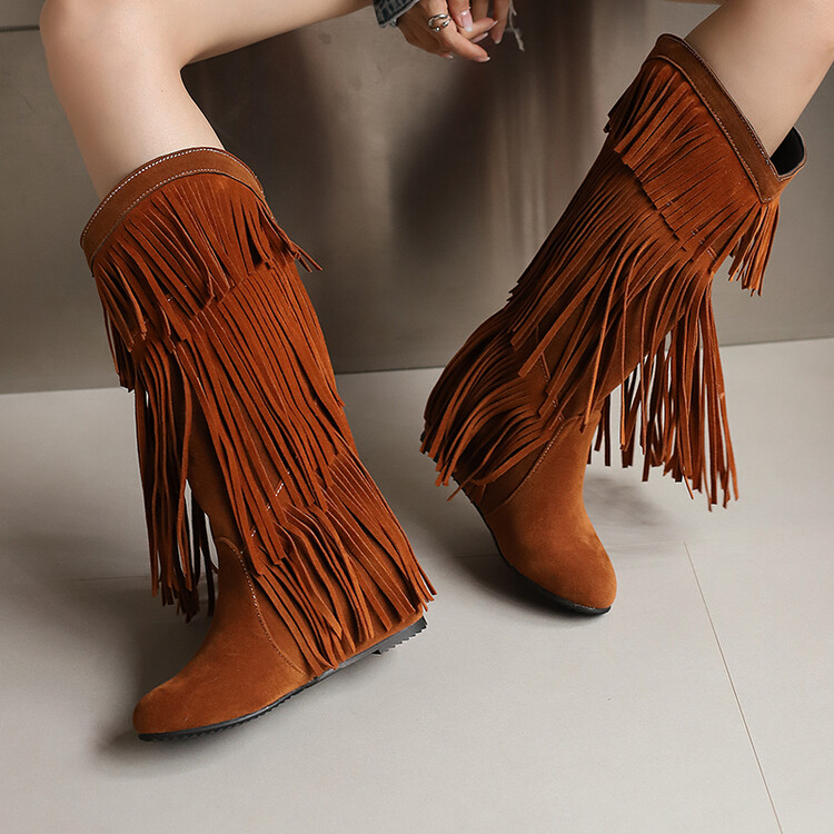 Retro Womens Tassel Fringe Faux Suede Moccasins Mid Calf Boots Wedge Heel Boots - Picture 24 of 25