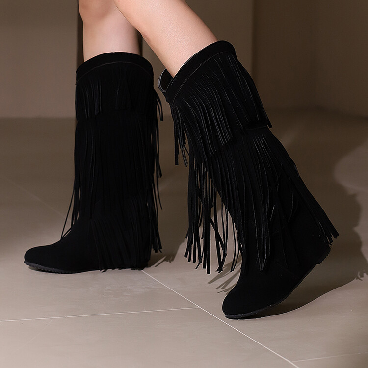 Retro Womens Tassel Fringe Faux Suede Moccasins Mid Calf Boots Wedge Heel Boots