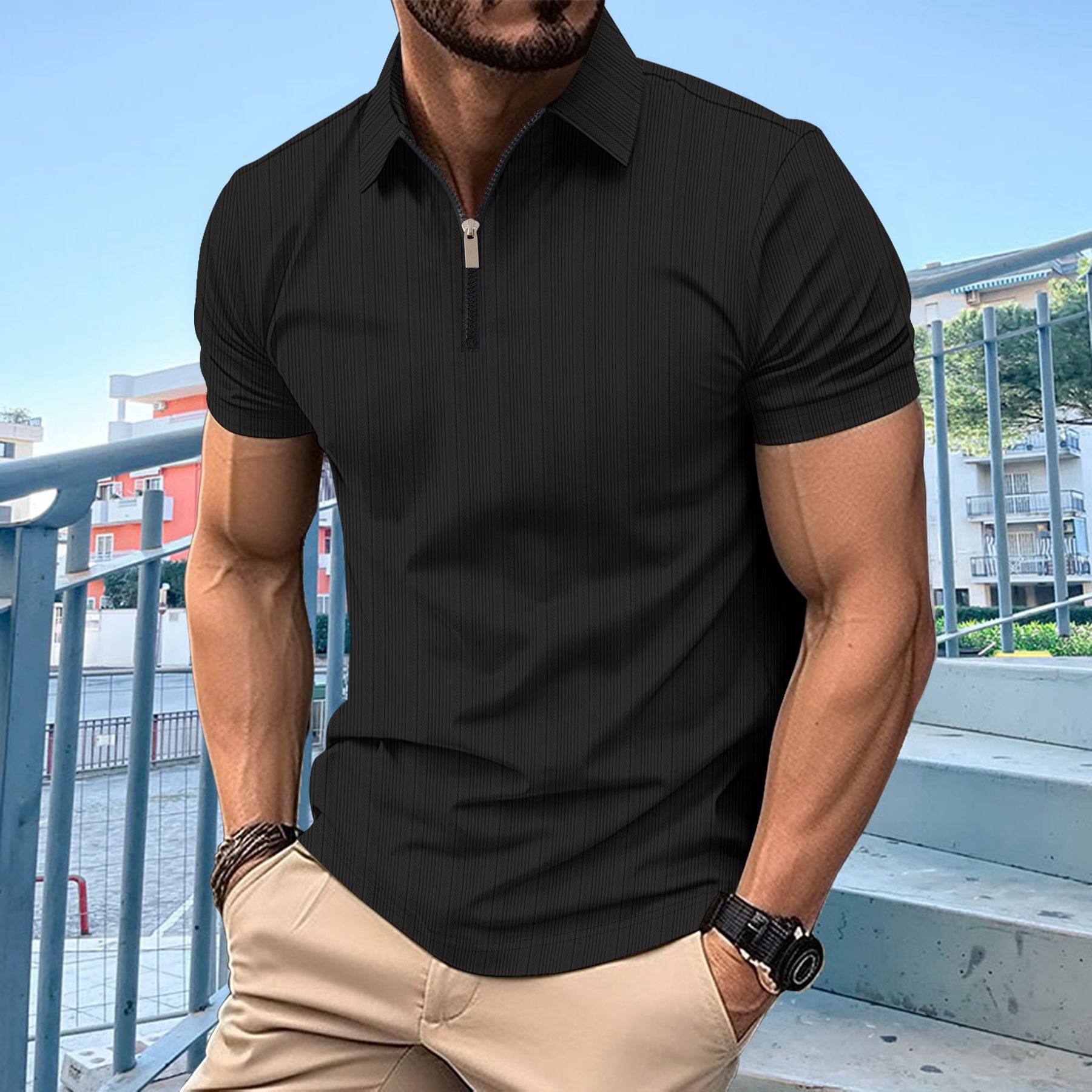 Mens Summer Business Casual Shirts Breathable Zip Lapel Short