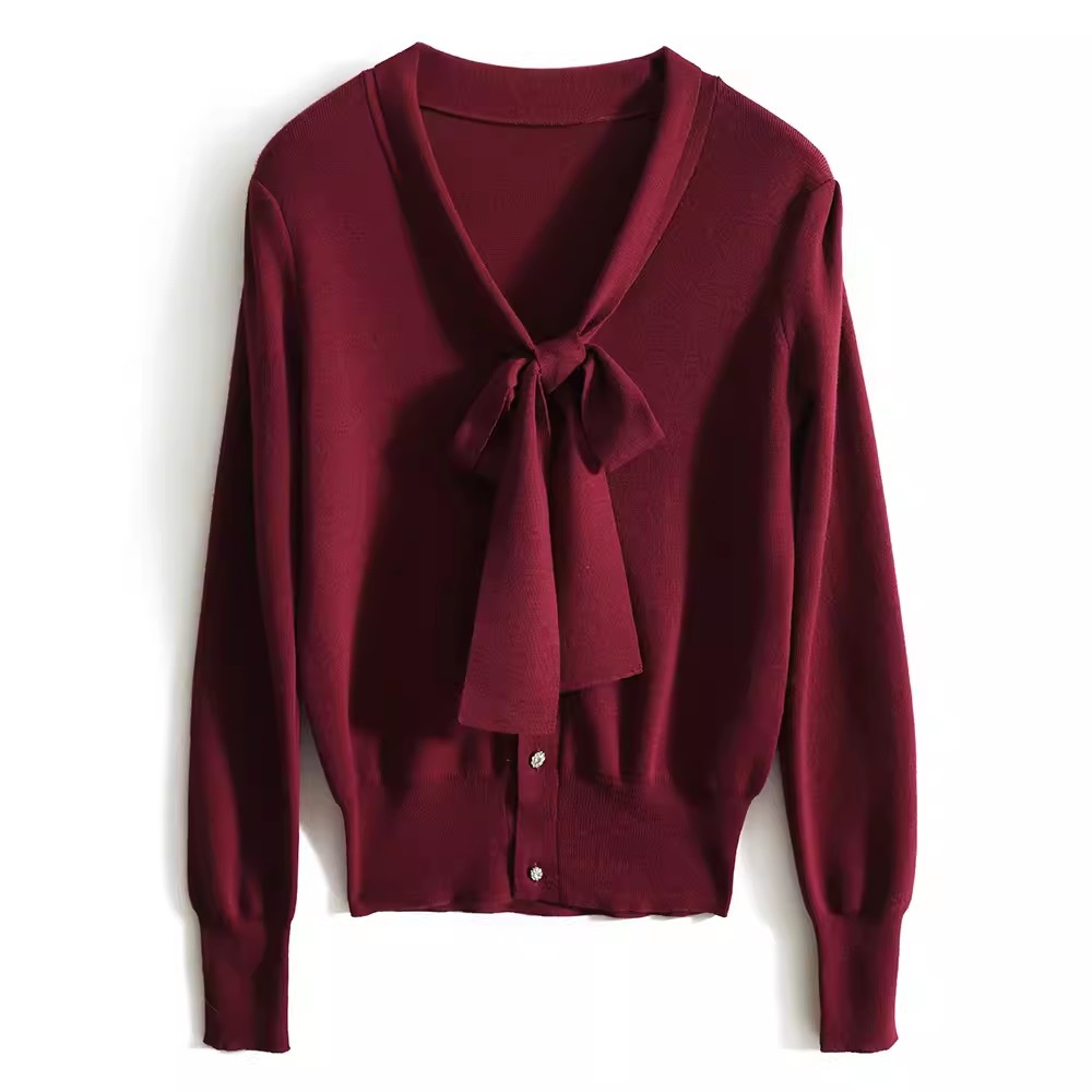 Women Korean Fashion Bow Tie Knitted Tops Workwear Business T Shirt Cardigan