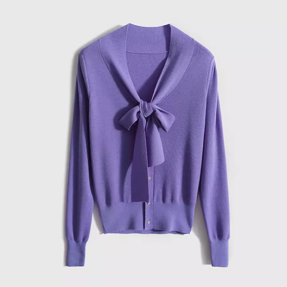 Women Korean Fashion Bow Tie Knitted Tops Workwear Business T Shirt Cardigan