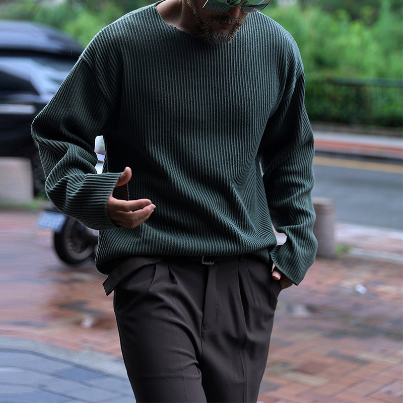 T-shirt maglione pullover maglia larga uomo tinta unita manica lunga autunno casual top - Foto 9 di 10