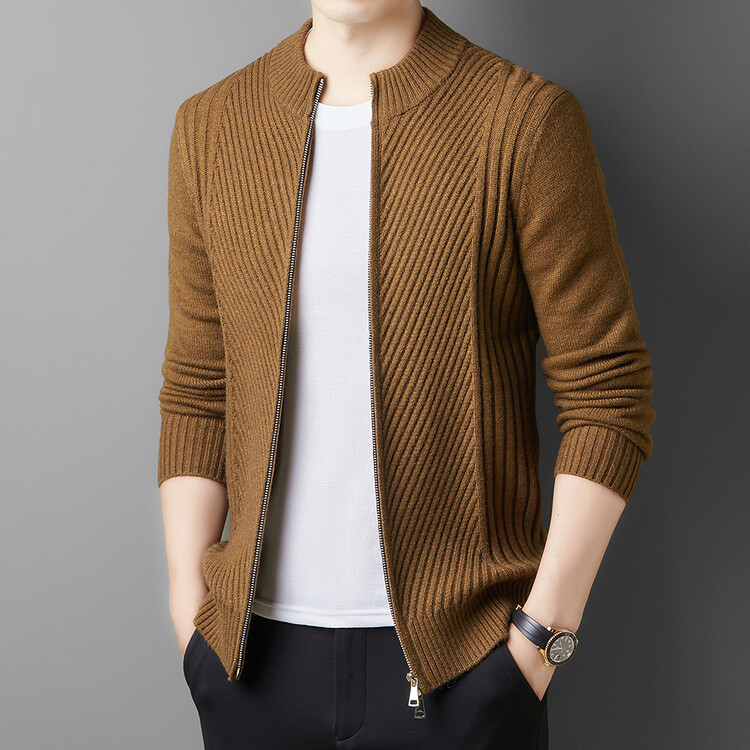 Mens Double Zipper Sweater Jacket 2024 New Casual Loose Stand-up Collar Cardigan - Picture 14 of 15