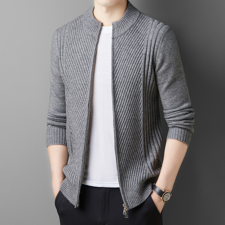 Mens Double Zipper Sweater Jacket 2024 New Casual Loose Stand-up Collar Cardigan - Picture 13 of 15