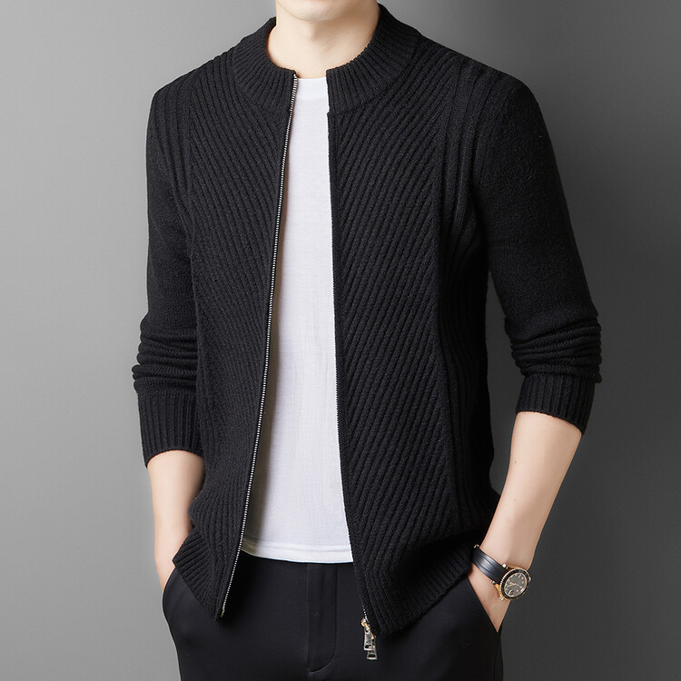 Mens Double Zipper Sweater Jacket 2024 New Casual Loose Stand-up Collar Cardigan - Picture 12 of 15