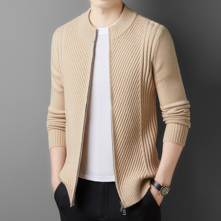 Mens Double Zipper Sweater Jacket 2024 New Casual Loose Stand-up Collar Cardigan - Picture 15 of 15