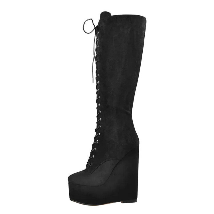 Women Knee High Boots Platform Wedges Leather Lace Up Height Increase Tall Shoes - Picture 10 of 10