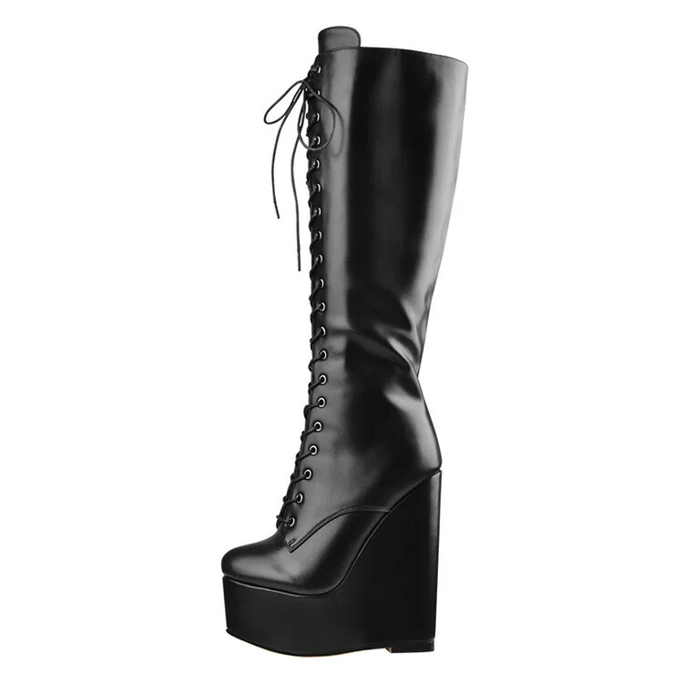 Women Knee High Boots Platform Wedges Leather Lace Up Height Increase Tall Shoes - Picture 9 of 10