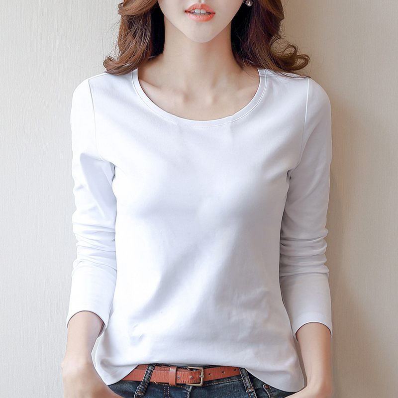 Fashion Women Korean Solid Color Round Neck Long Sleeve T-Shirt Slim Blouse Tops